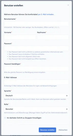 Screenshot des Dialogs „Benutzer erstellen“ in Schulungstool; die E-Mail-Adresse ist ein optionales Feld