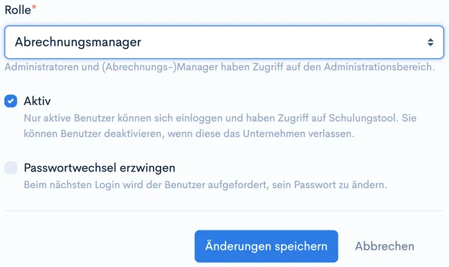Auswahlfeld ‘Rolle’ mit Option ‘Abrechnungsmanager’, Checkbox ‘Aktiv’ und Button ‘Änderungen speichern’