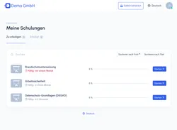 Lernbereich ‘Meine Schulungen’ mit Firmen-Logo oben links in der Kopfzeile