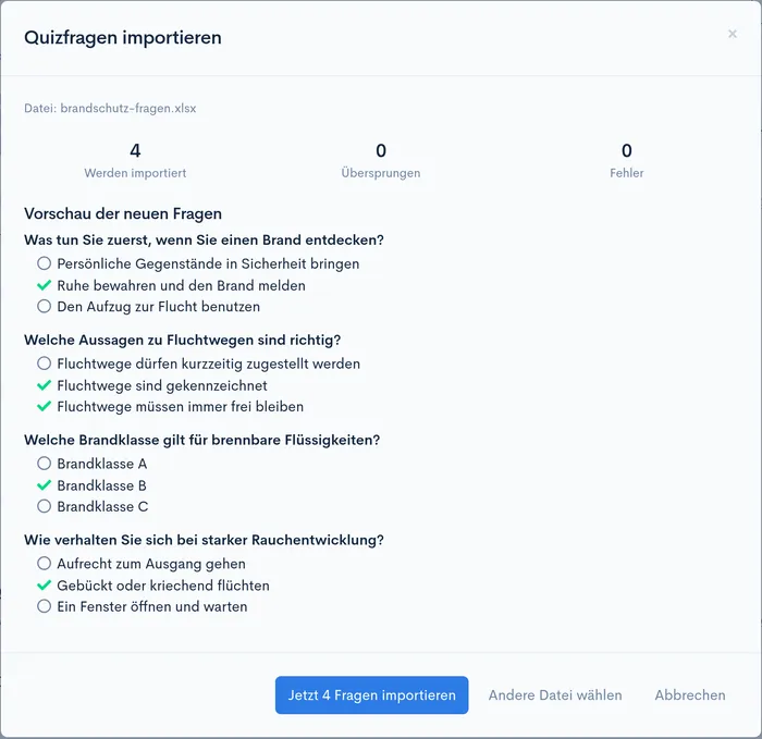 Vorschau des Quizfragen-Imports: Zähler für zu importierende Fragen und eine Liste der neuen Fragen mit markierten richtigen Antworten
