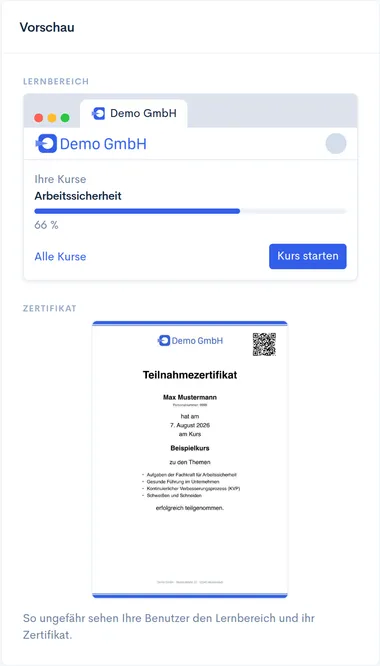 Vorschau-Karte der Design-Einstellungen: Lernbereich in der gewählten Primärfarbe und das Zertifikat der Benutzer