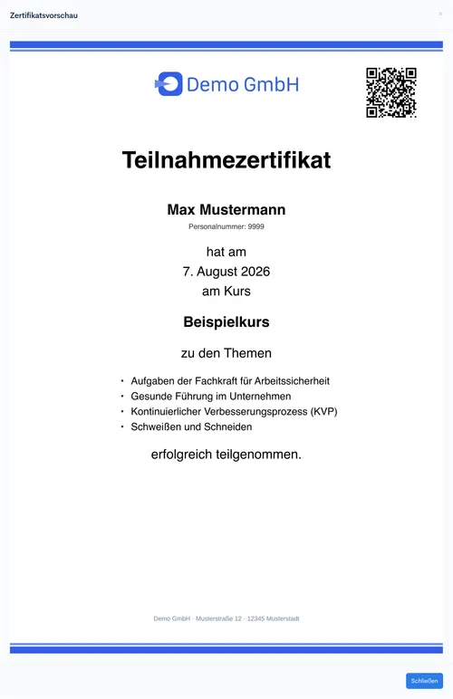 Dialog ‘Zertifikatsvorschau’ mit einem Beispiel-Zertifikat auf einer Zertifikatsvorlage mit Firmen-Logo und blauen Gestaltungselementen