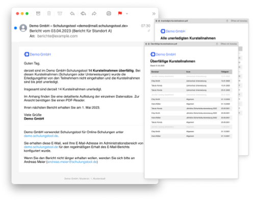 Abgebildet ist ein beispielhafter Bericht mit überfälligen Schulungen, der per E-Mail empfangen wurde.