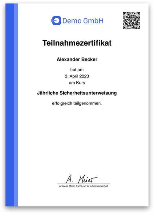 Abbildung eines Teilnahmezertifikats, das für eine Jährliche Sicherheitsunterweisung mit der Schulungssoftware Schulungstool ausgestellt wurde und als Teilnahmenachweis dient.