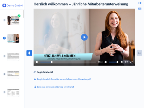 Screenshot einer beispielhaften Schulung mit Schulung. Dargestellt ist eine jährliche Mitarbeiterunterweisung mit einem Video als Schulungsinhalt.